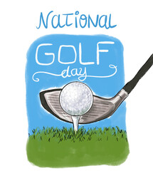 National Golf Day, golf ball on tee with club hand drawn digital illustration.