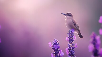 Obraz premium A bird perched above a purple bloom against a hazy backdrop of pink and purple blossoms