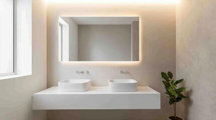 Neutral minimalist bathroom with large frameless mirror, recessed lighting, minimalist bathroom, sleek design simplicity