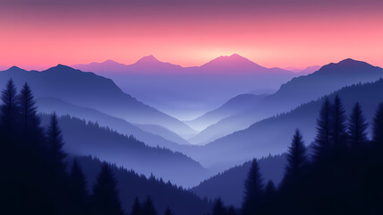 Obraz premium Illustration, Serene mountain vista, soft sunrise hues, misty valleys, warm glow