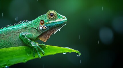Obraz premium A green iguana on a verdant leaf, in the rain, with water droplets on its face