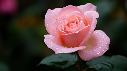  Close-up of a pink rose with water droplets on its petals against a green, leafy background