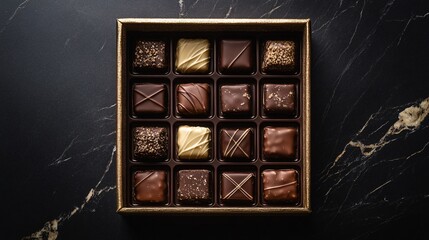 Luxurious selection of salted caramel chocolates in a velvet-lined box, isolated on a black marble surface