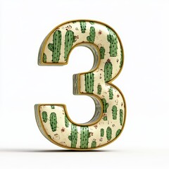 3D number 3 with cactus texture realistic modern design, soft lighting, white background. 