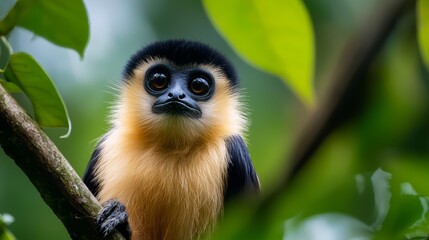 Fototapeta premium A tight shot of a monkey grasping a tree limb Foreground filled with leafy branches Background softly blurred