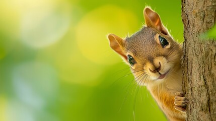 Obraz premium A tight shot of a squirrel next to a tree trunk, gazing upward at the camera Background softly out of focus