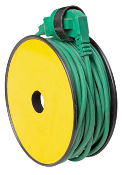 Electric extension cord wound on a plastic drum. Isolated background.