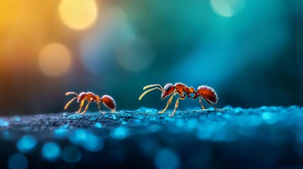 Fototapeta premium Two red ants beside each other on a blue-green ground, background illuminated by bright lights