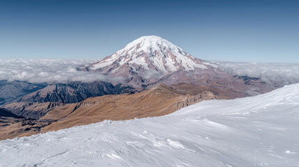 ImageMajestic Winter Mountain Peaks A Stunning Snow-Covered Landscape, Showcasing the Beauty of Nature's Towering Giants A Serene View of Snow-Capped Summits in Winter's Embrace