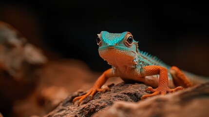  A tight shot of a lizard perched on a rock, its back bearing a vaguely discernible, blurred lizard image