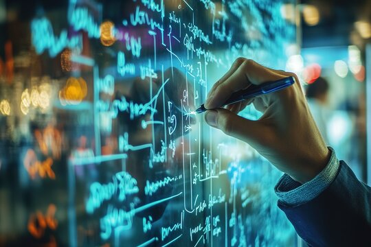 Person writes mathematical formulas on glass wall