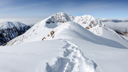 ImageMajestic Winter Mountain Peaks A Stunning Snow-Covered Landscape, Showcasing the Beauty of Nature's Towering Giants A Serene View of Snow-Capped Summits in Winter's Embrace