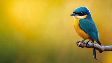 Obraz premium A blue-and-yellow bird perches on a tree branch against a green and yellow blurred backdrop