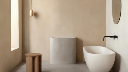 Neutral-toned bathroom with concrete walls, soft beige accents, minimalist bathroom, modern industrial feel