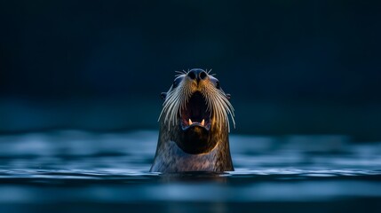  A close-up of a sea lion in the water with its mouth agape