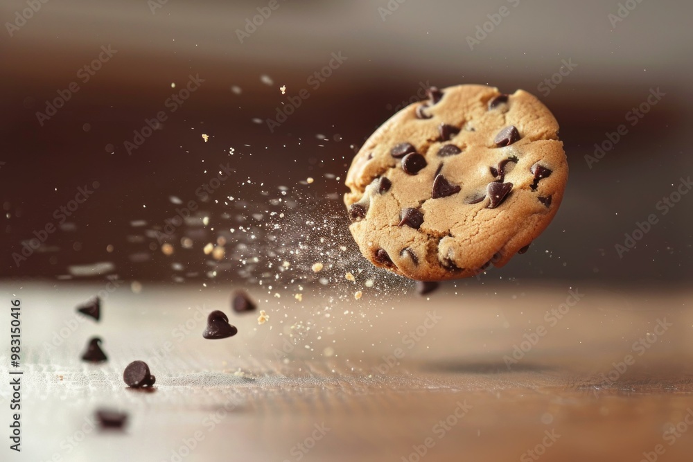 Poster chocolate chip cookie crumbling and exploding with chocolate chips bouncing on wooden surface