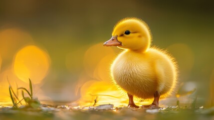  A tight shot of a tiny duck atop a water body, with grass near, and background softly blurred