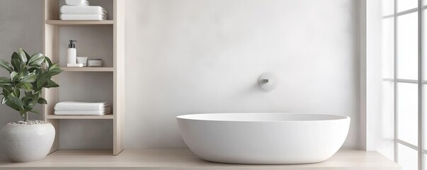 Obraz premium Neutral-toned minimalist bathroom with open shelving, simple lines, minimalist bathroom, contemporary design