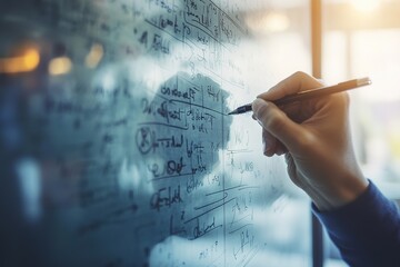 Person writing complex equations on glass board