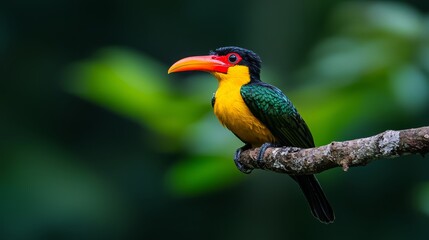Fototapeta premium A vibrant bird perches on a branch against a green backdrop of foliage Its beak is a captivating combination of black, yellow, and red