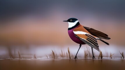 Fototapeta premium A small bird perched atop a body of water, adjacent to a grass-covered shoreline with reeds
