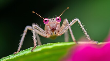 Fototapeta premium A detailed shot of a bug with pink eyes sitting on a green leaf In the foreground, a pink flower blooms