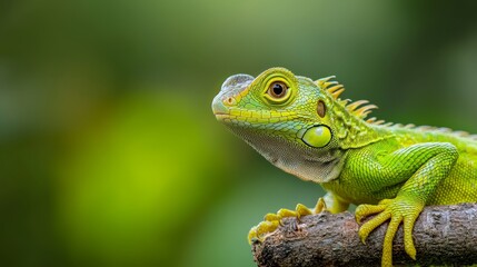 Fototapeta premium A tight shot of a green lizard perched on a branch, surrounded by an out-of-focus backdrop of trees and shrubs