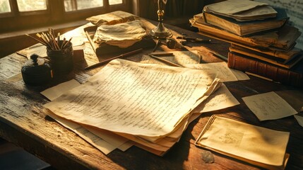 Vintage Writing Desk with Papers and Books in Warm Light