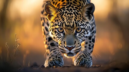 Obraz premium A tight shot of a cheetah striding on dusty ground, surrounded by foreground grass, and background trees