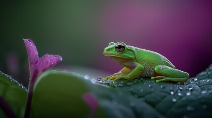 Fototapeta premium A green frog sits on a leaf, waters droplets adorn its body Behind, a purple flower blooms