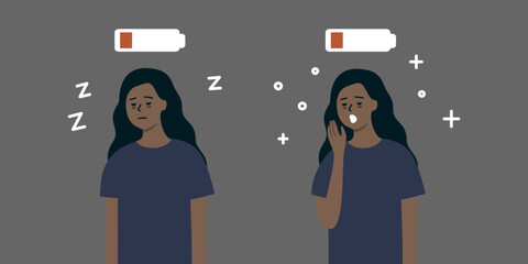 Sleepy tired woman yawning with low battery above head. Healthcare, burnout, mental health, insomnia problem, lifestyle concept. Flat people character vector design illustration.