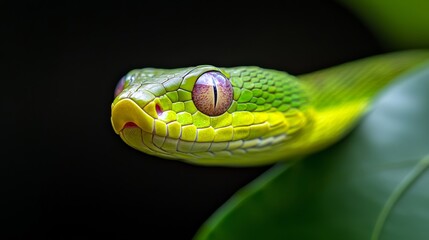 Fototapeta premium A tight shot of a green snake's head atop a verdant leaf, its eyes fixed and wide