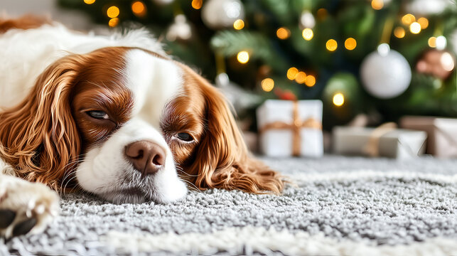 A sleepy spaniel beside a beautifully decorated Christmas tree and festive gifts