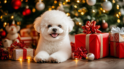 A cheerful Bichon Frise dog surrounded by Christmas decorations and beautifully wrapped gifts