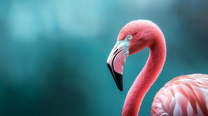 Obraz premium A pink flamingo in sharp focus against a softly blurred background of pastels, with a clear, blue sky above