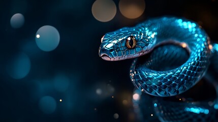 Fototapeta premium A tight shot of a blue snake against a black backdrop, surrounded by a hazy glow of lights in the distance