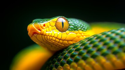 Fototapeta premium A tight shot of a green-yellow snake's head, displaying a yellow iris in one eye
