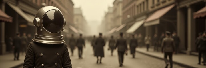 A surreal scene of a figure in an astronaut helmet walking through a vintage street, creating an intriguing contrast between past and future.