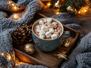 Fototapeta premium A cozy scene with a cup of hot chocolate topped with marshmallows, surrounded by festive decorations and a warm blanket.
