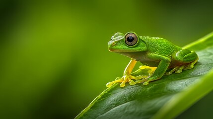 Obraz premium A frog sits atop a green leaf, hovering above a plant, with water drops adorning its surface