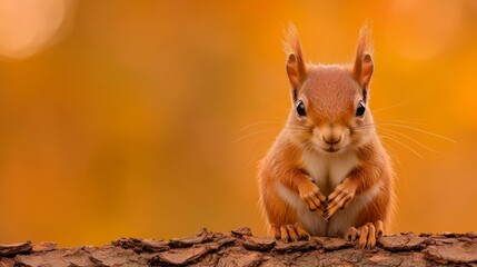 Obraz premium A tight shot of a squirrel perched atop a tree trunk against a hazy backdrop of trees