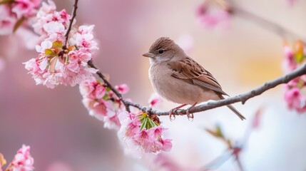  A bird perches on a tree branch, surrounded by pink flowers in the foreground; a softly blurred sky behind