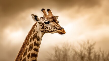 Obraz premium Giraffe head up close among trees and clouds in the background..Or, for a more descriptive version:..A detailed view of a giraffe's