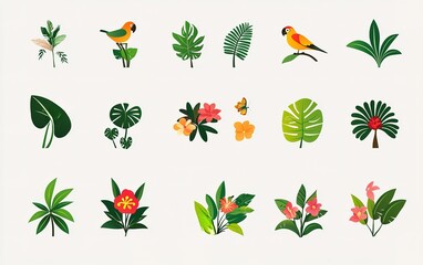 Colorful collection of tropical leaves, flowers, and birds against a light background, showcasing nature's diversity and beauty