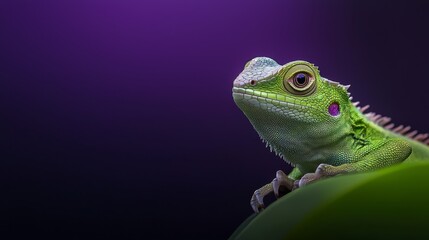 Fototapeta premium A close-up of a green lizard on a leaf against a purple background