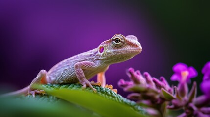 Obraz premium A tight shot of a tiny lizard perched on a plant boasting purple blooms Background softly blurred