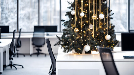 open office space decorated for Christmas, large windows with snow view, festive decorations, 