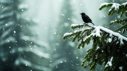 A black bird perches on a pine tree branch against a backdrop of evergreens in a snowy forest