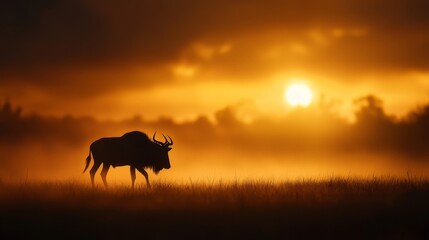  A wildebeest stands in a field as the sun sets, with fog emerging in the foreground