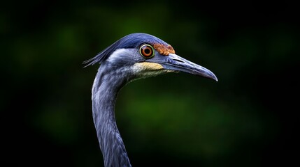 Fototapeta premium A tight shot of a long-necked bird against a black backdrop, its orange eye piercing the darkness